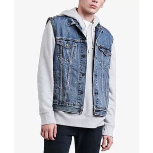 Levi's Blue Denim Vest with Gray Hoodie Sleeves